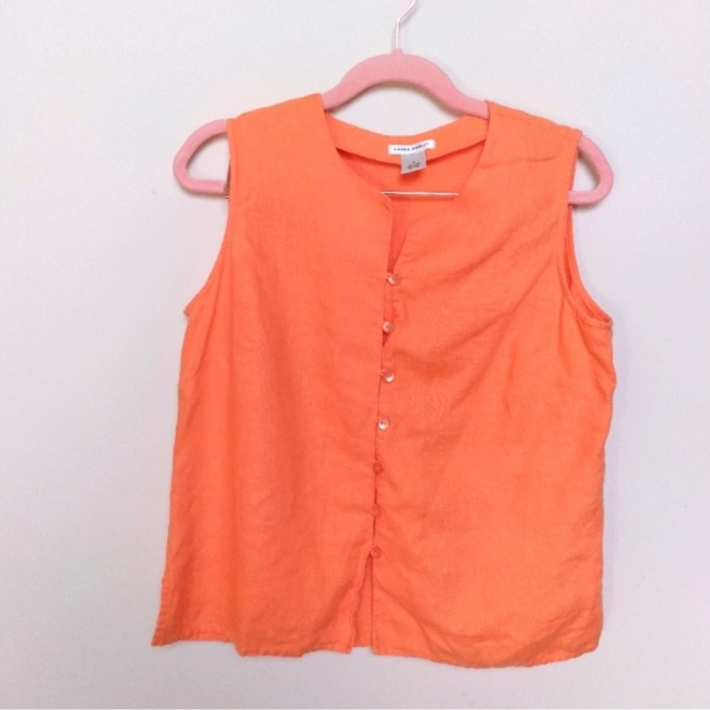 Laura Ashley Orange 100% Linen Sleeveless Button Front Vest Blouse Size Small